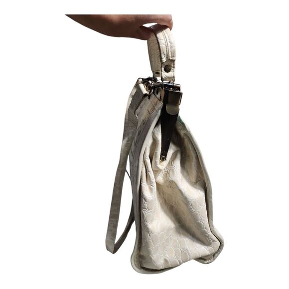 VINTAGE Croc Embossed Doctor Bag Satchel - Cream Beige Frame Handbag - Crossbody - Picture 9 of 14